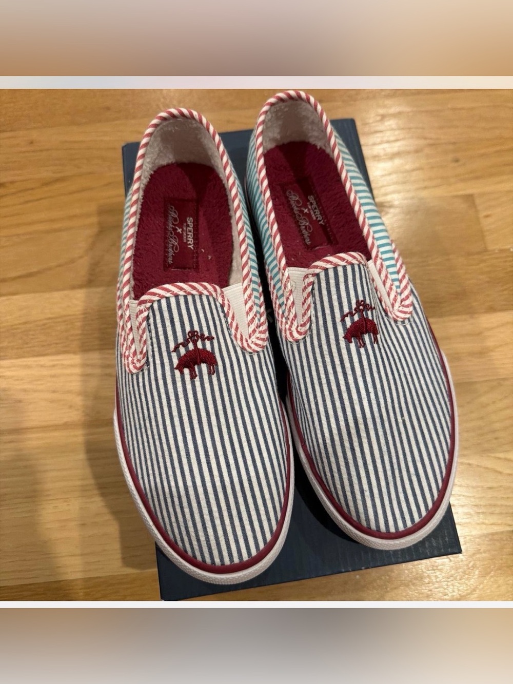 Brooks Brothers Navy & White Striped Slip-On Sneakers with Red Trim - Picture 3 of 4